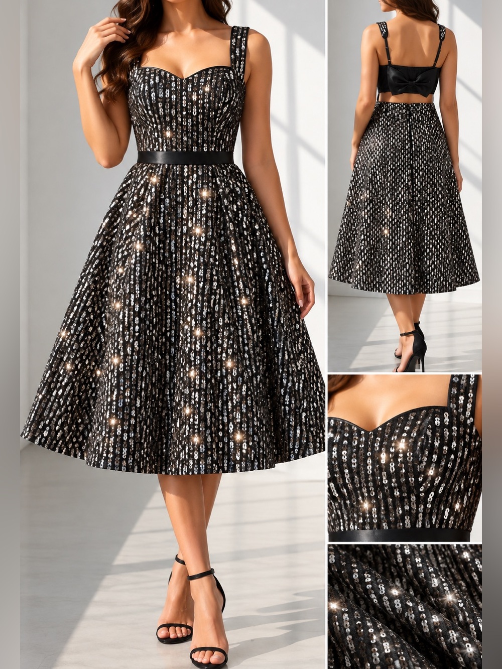 Kensie Women's Black Sequined-Mesh Matte-Satin MIDI Dress Size
